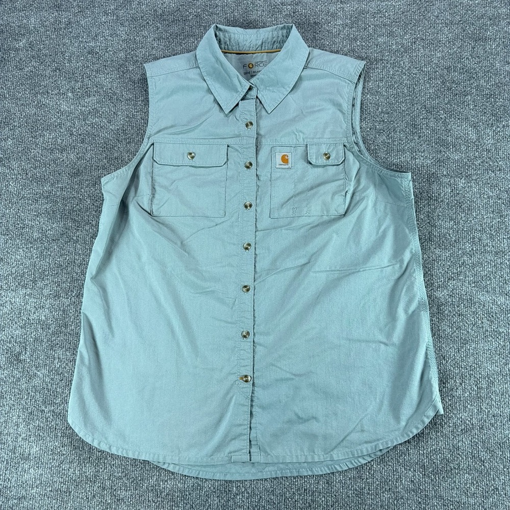 Carhartt Force Womens Relaxed Fit Sleeveless Button Up Shirt Sage Green Large
